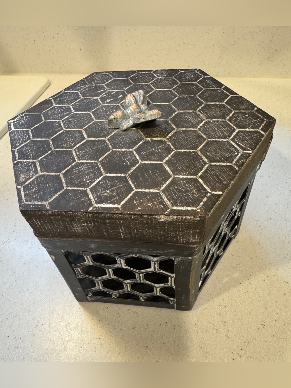 Rustic Hexagon Wooden Box with Honeycomb Carving